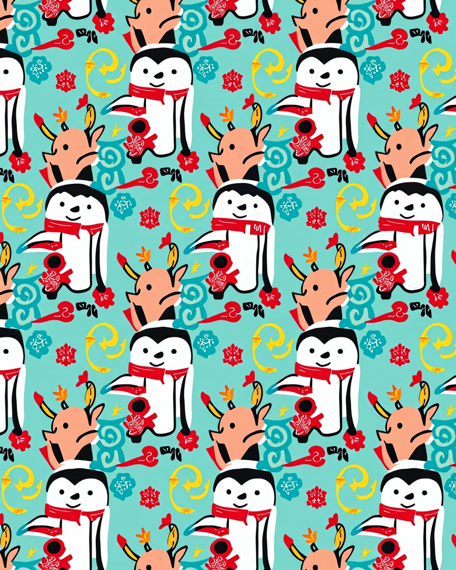 Cute Penguin Reindeer Red Holly Swirls Rug