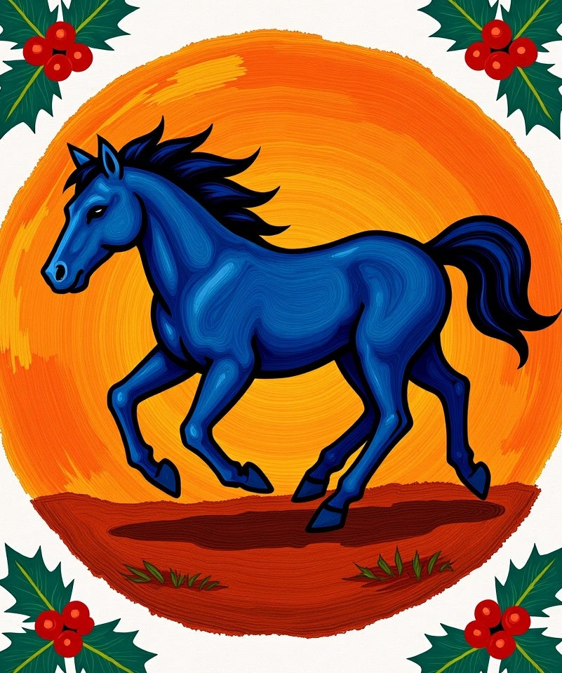 Bold Blue Horse Running Sunset Holly Rug