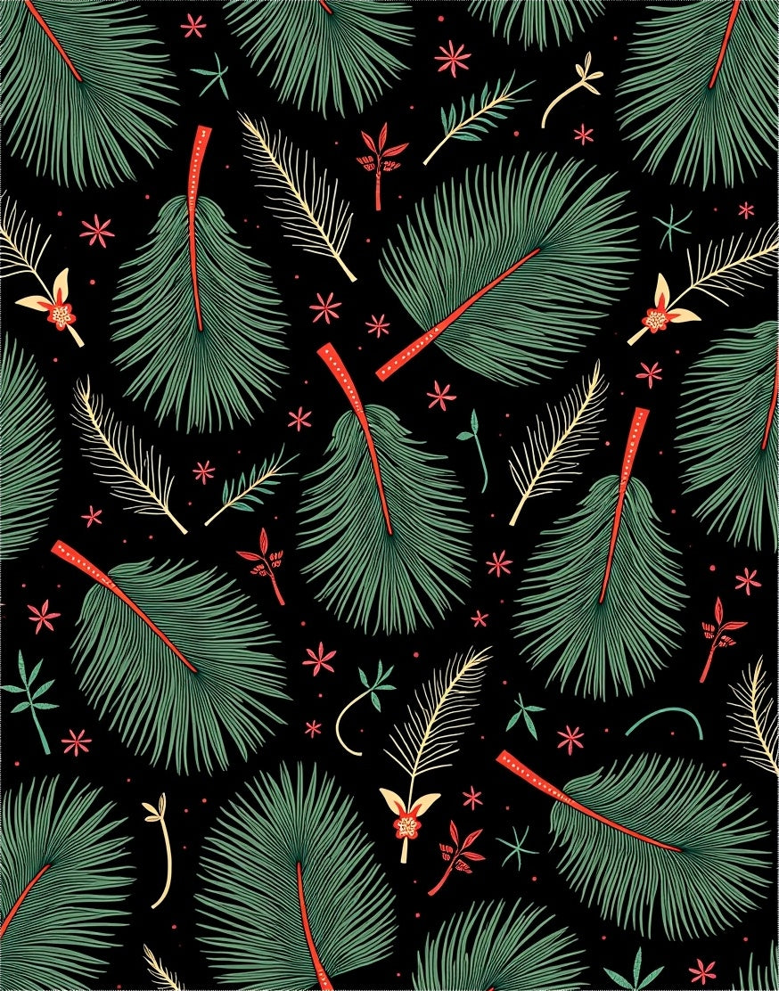 Green Palm Fronds Red Accents Black Rug