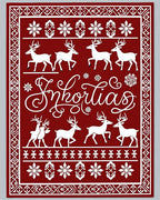 Crimson Reindeer Snowflake Holiday Scene Rug