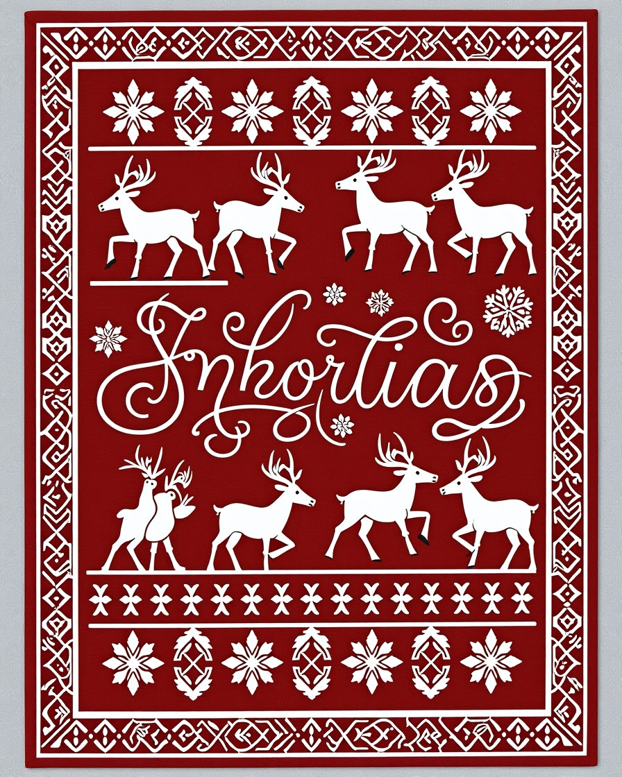 Crimson Reindeer Snowflake Holiday Scene Rug