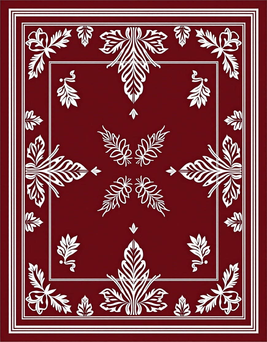 Crimson Ornate Leaf Frame Border Rug