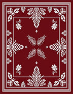 Crimson Ornate Leaf Frame Border Rug