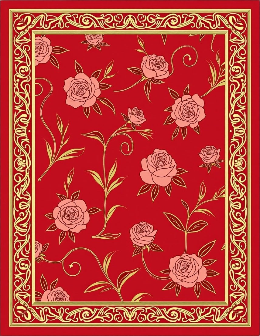 Crimson Rose Floral Ornate Border Rug