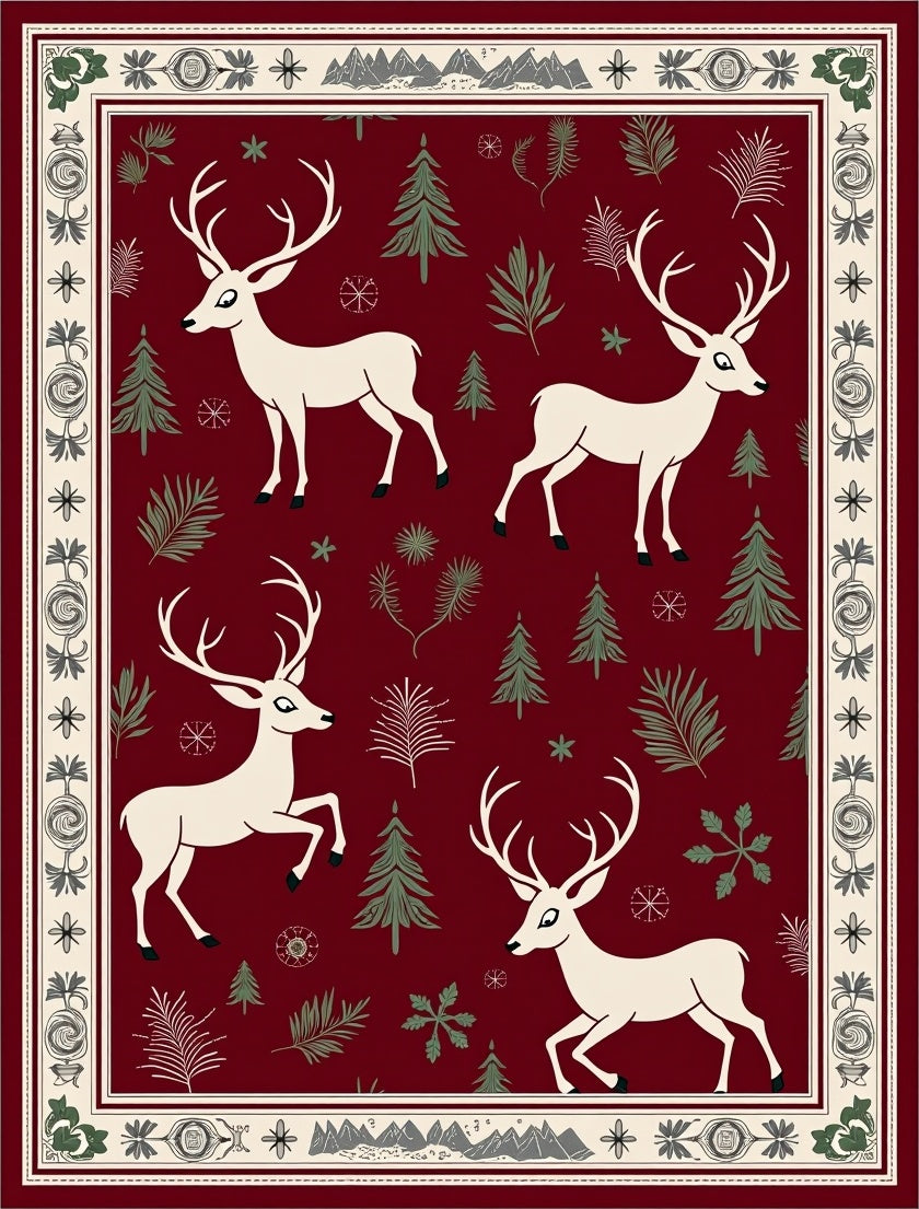 Cream Deer Forest Meadow Burgundy Rug
