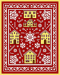 Festive Yellow Houses Snowflake Red Field Rug