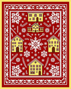 Festive Yellow Houses Snowflake Red Field Rug