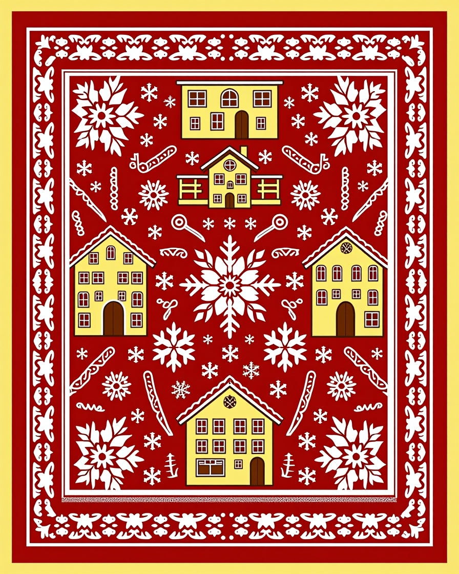 Festive Yellow Houses Snowflake Red Field Rug