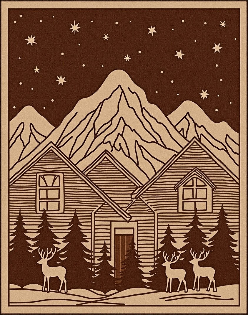 Winter Cabin Starry Night Deers Rug