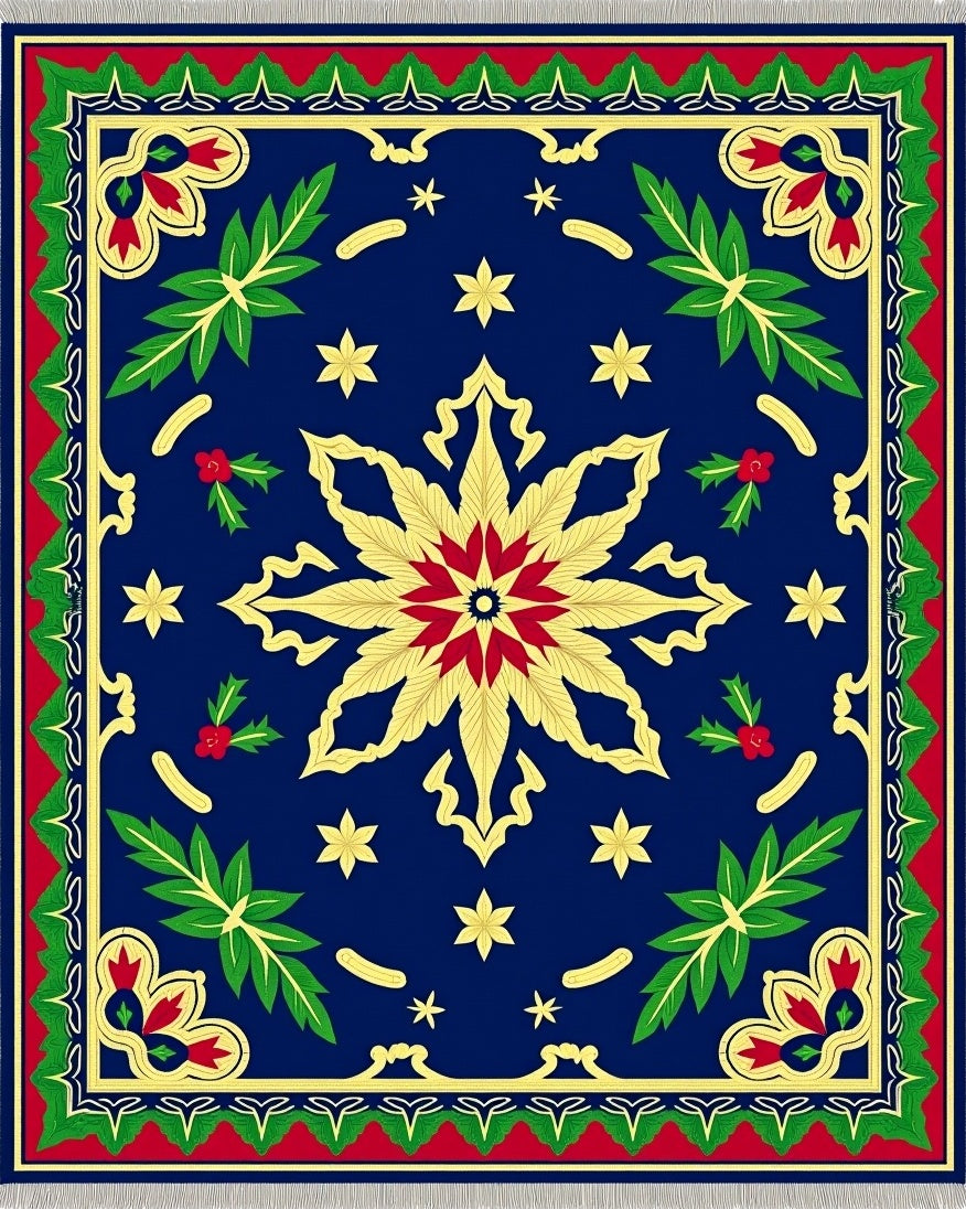 Royal Blue Golden Floral Poinsettia Rug
