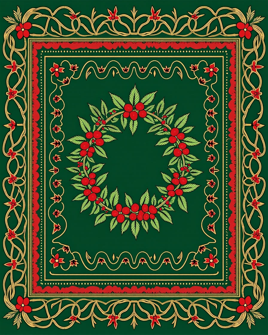Emerald Green Red Floral Wreath Border Rug
