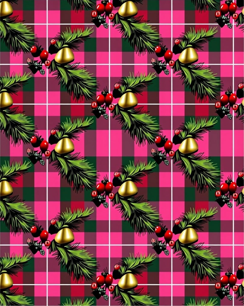 Festive Pink Green Plaid Holly Bell Rug