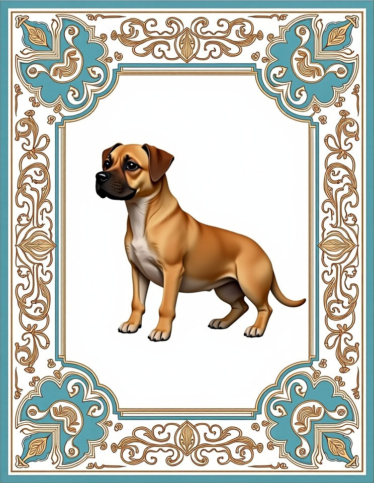 Tan Dog With Teal Ornate Border Rug
