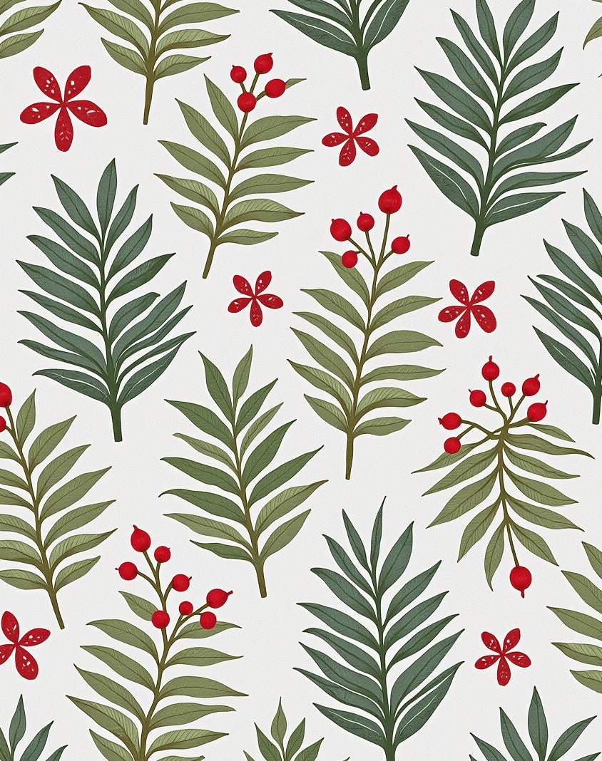 Green Leaf Red Berry Floral Cluster Rug