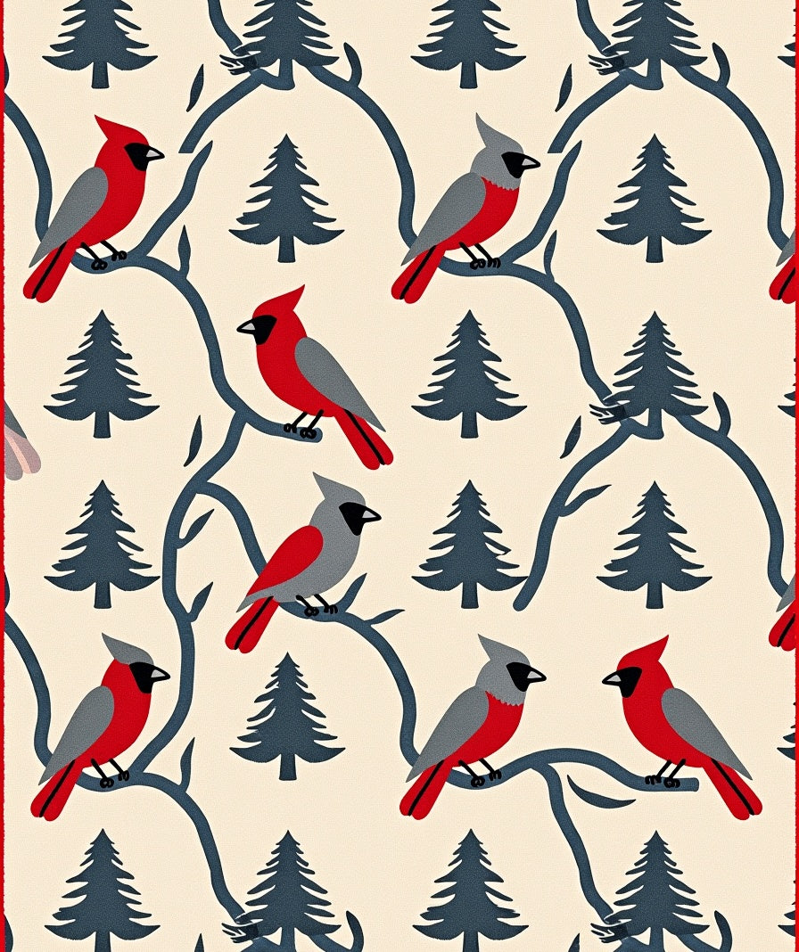 Crimson Gray Cardinals Winter Trees Rug