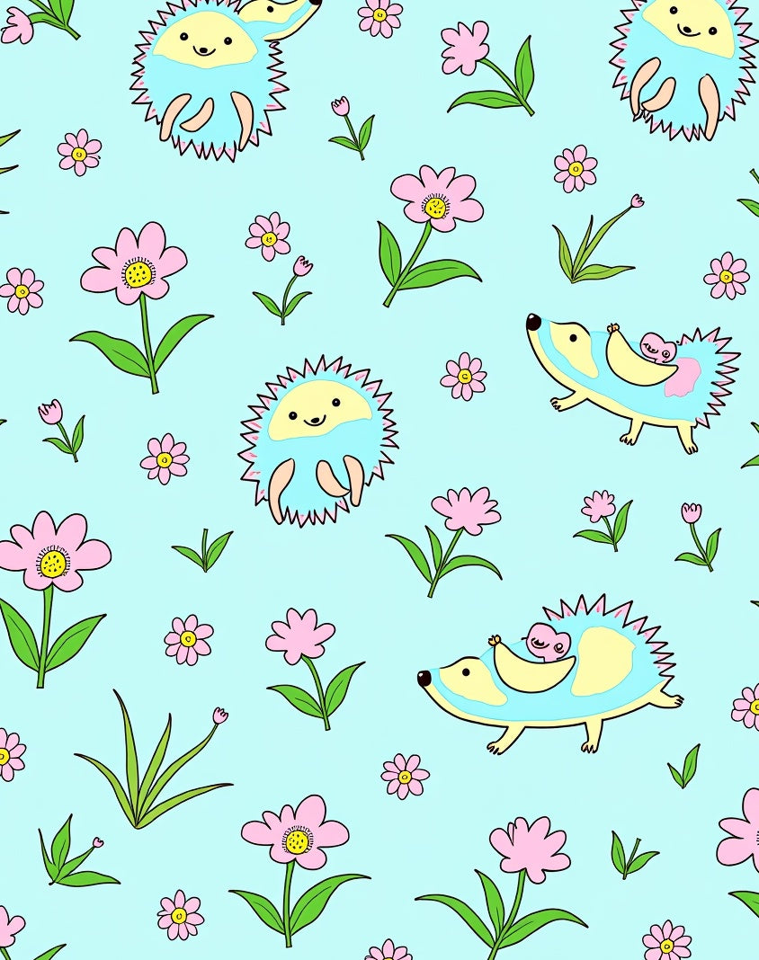 Cute Pink Floral Hedgehog Companions Rug