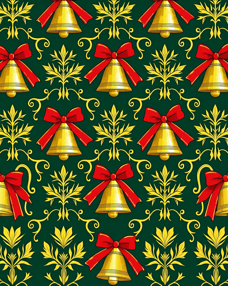 Gold Bells Red Bow Festive Green Accent Rug