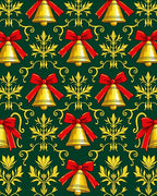Gold Bells Red Bow Festive Green Accent Rug