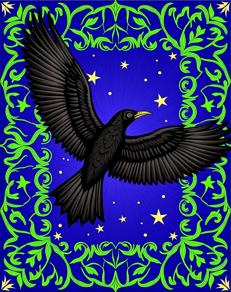 Midnight Crow with Green Swirl Border Rug
