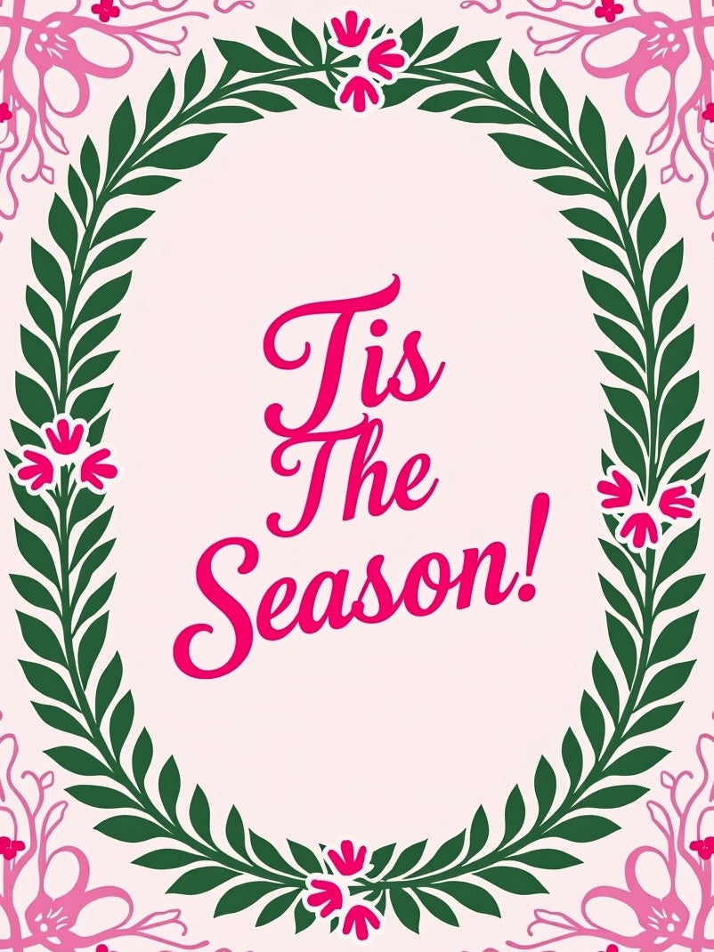 Pink Green Floral Wreath Festive Script Rug