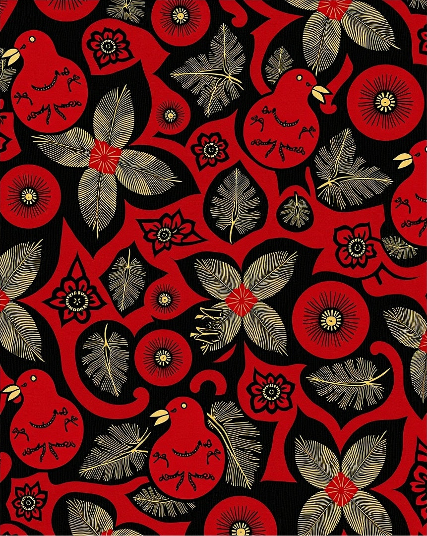Red Black Golden Bird Floral Rug