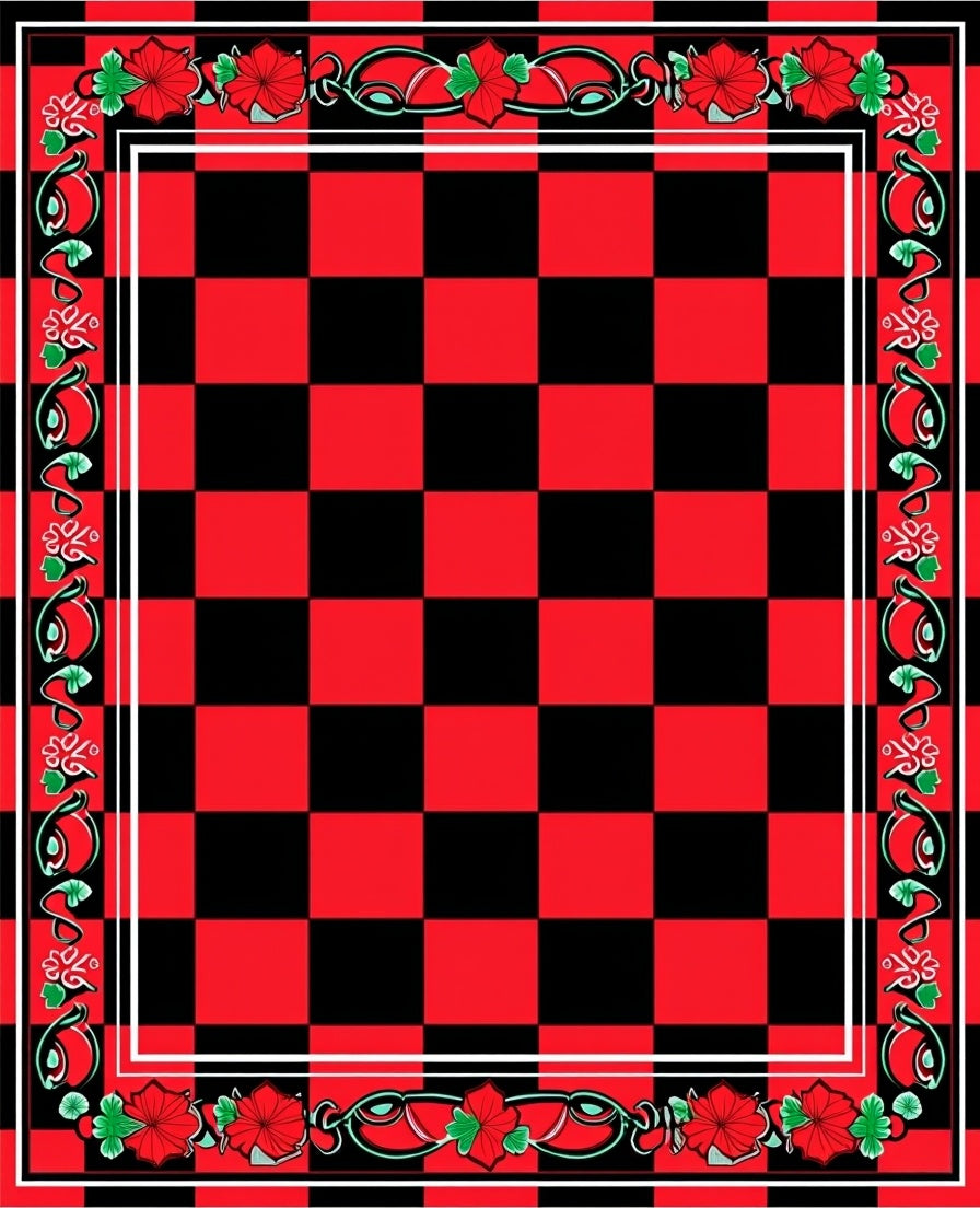 Bold Red Black Checkerboard Floral Border Rug
