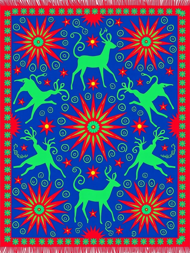 Vibrant Blue Green Red Deer Stars Rug