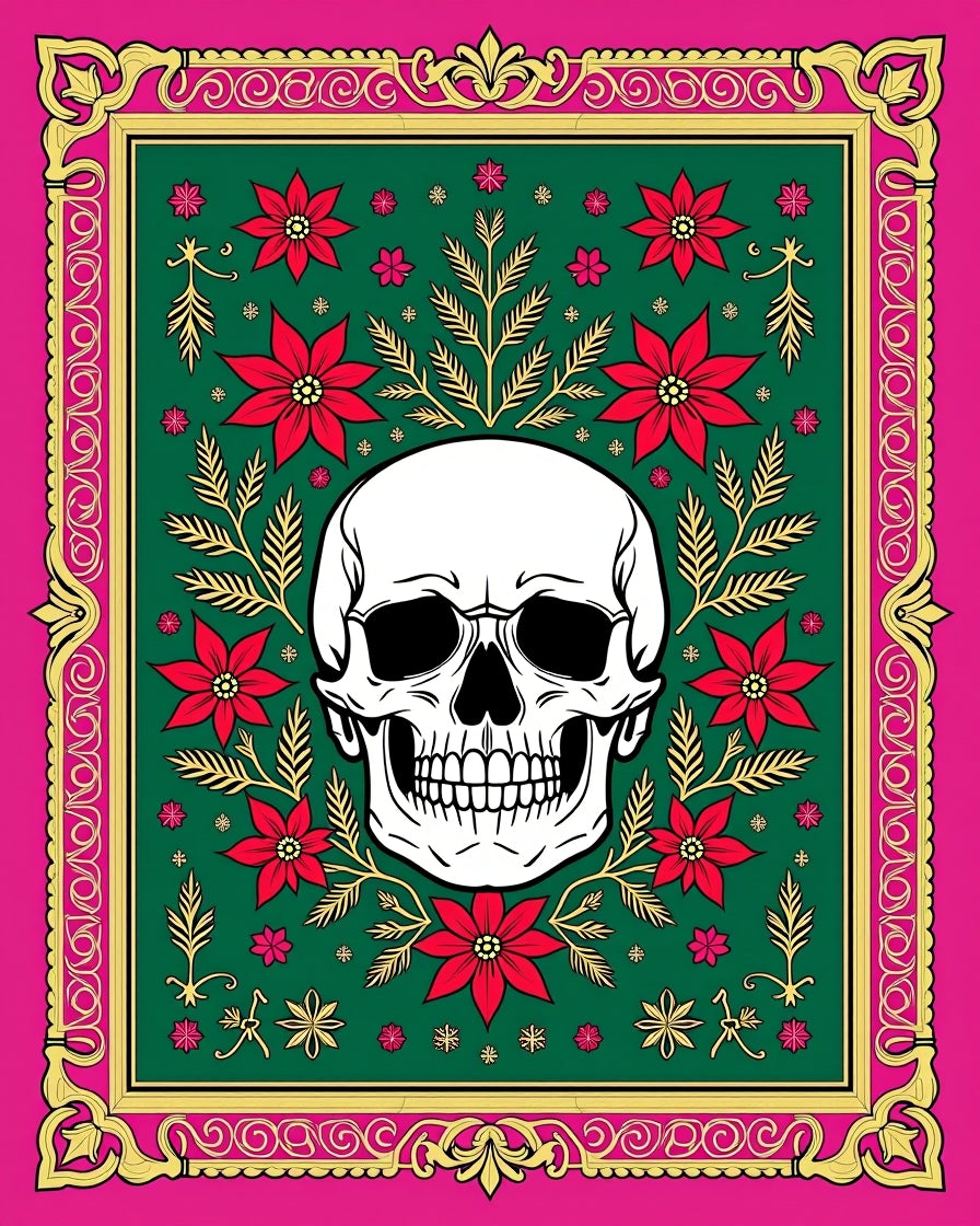 Dark Green Skull Floral Frame Rug