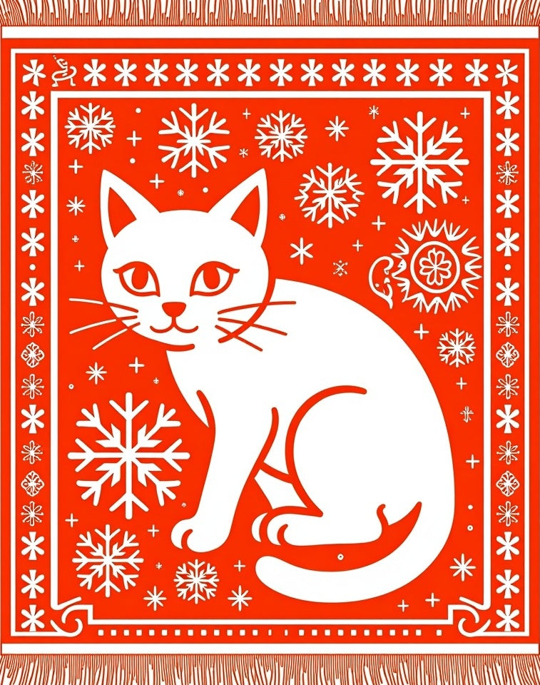 Red White Cat Snowflake Festive Rug