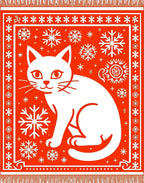 Red White Cat Snowflake Festive Rug