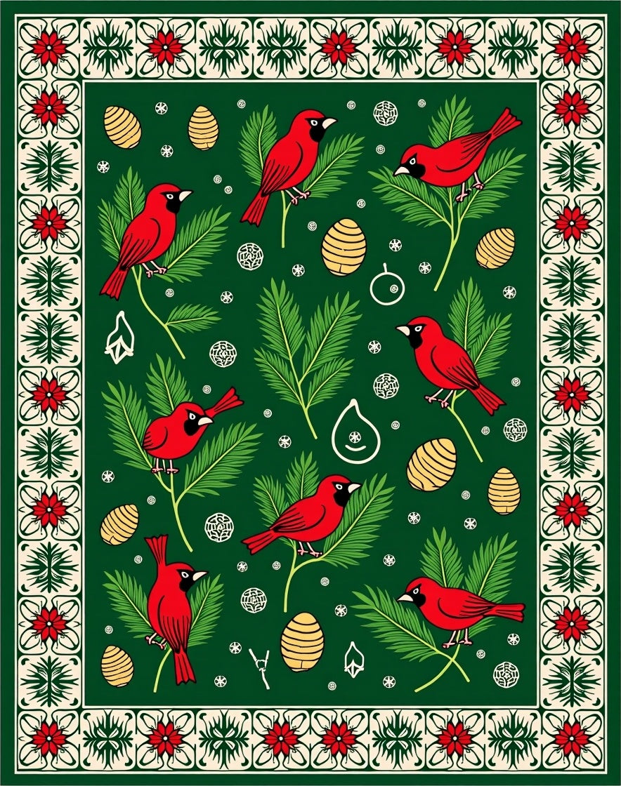 Red Cardinal Evergreen Branch Christmas Rug