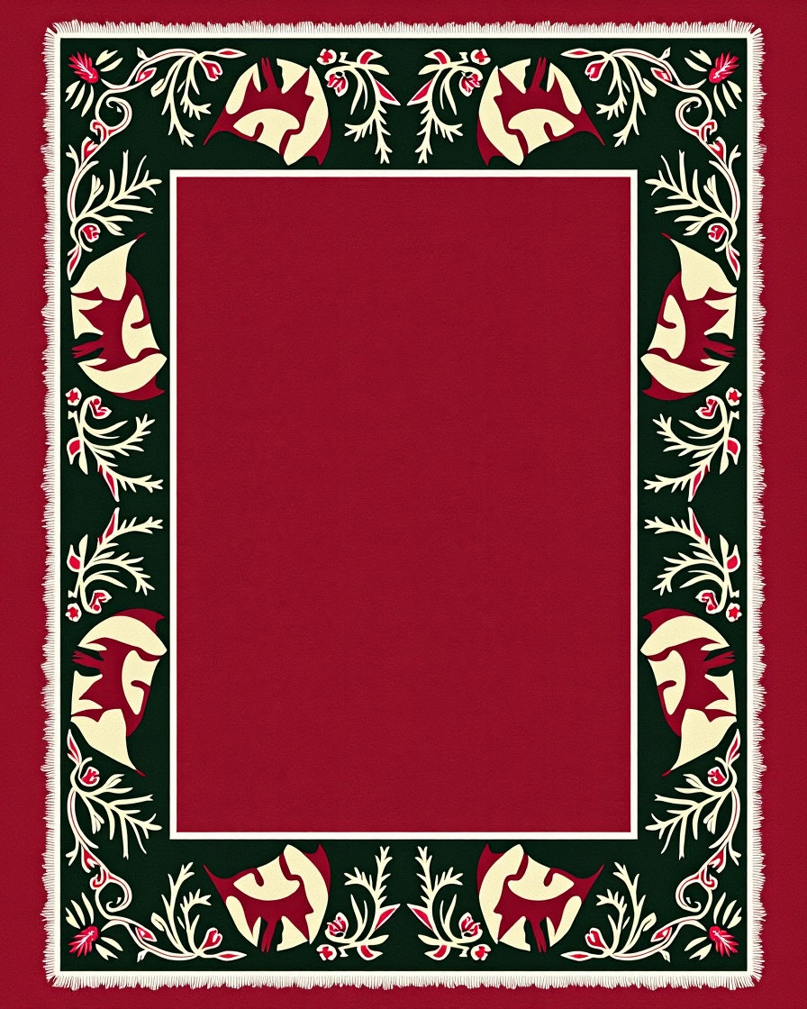 Crimson Green Floral Bird Border Rug