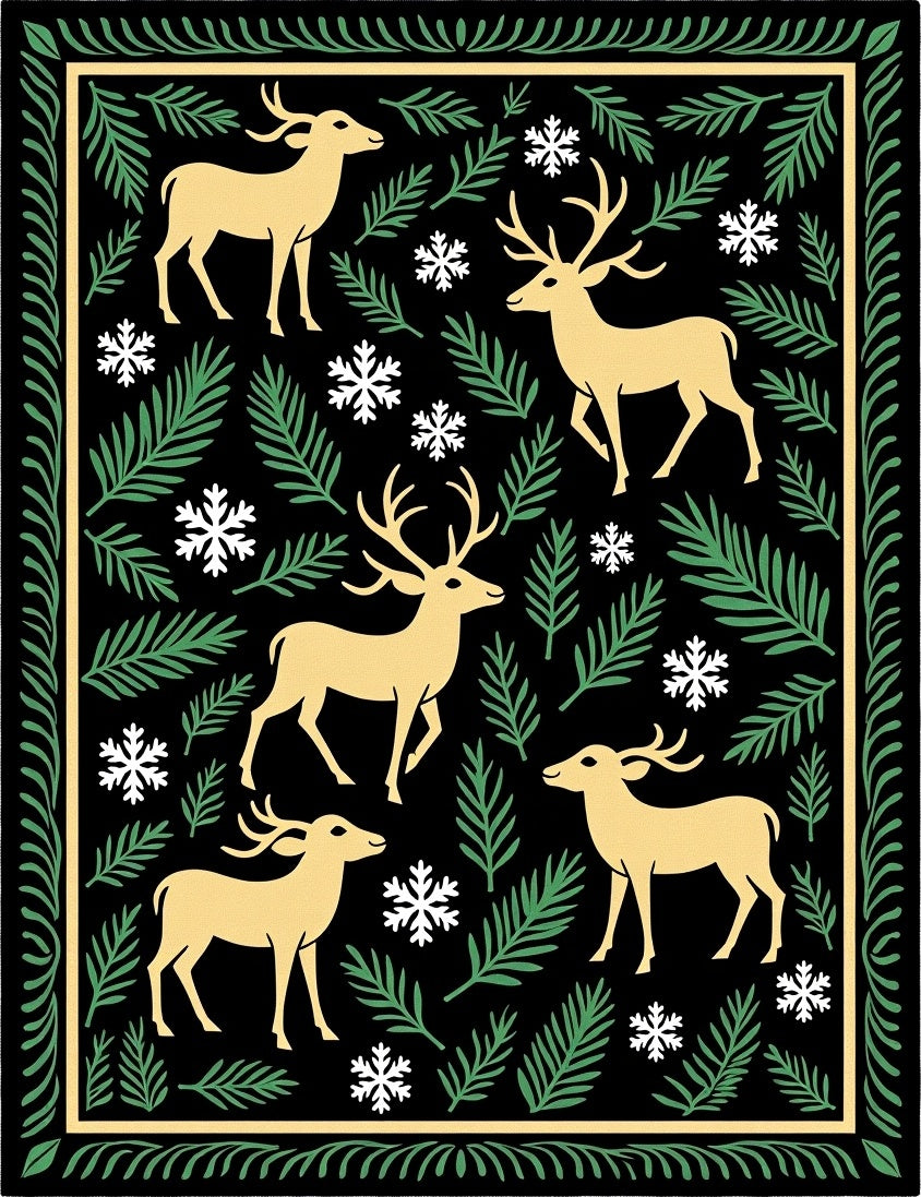 Golden Deer Snowy Forest Border Rug