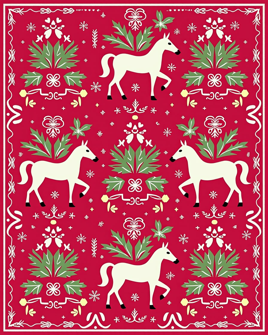 Red White Horse Garden Folk Art Rug