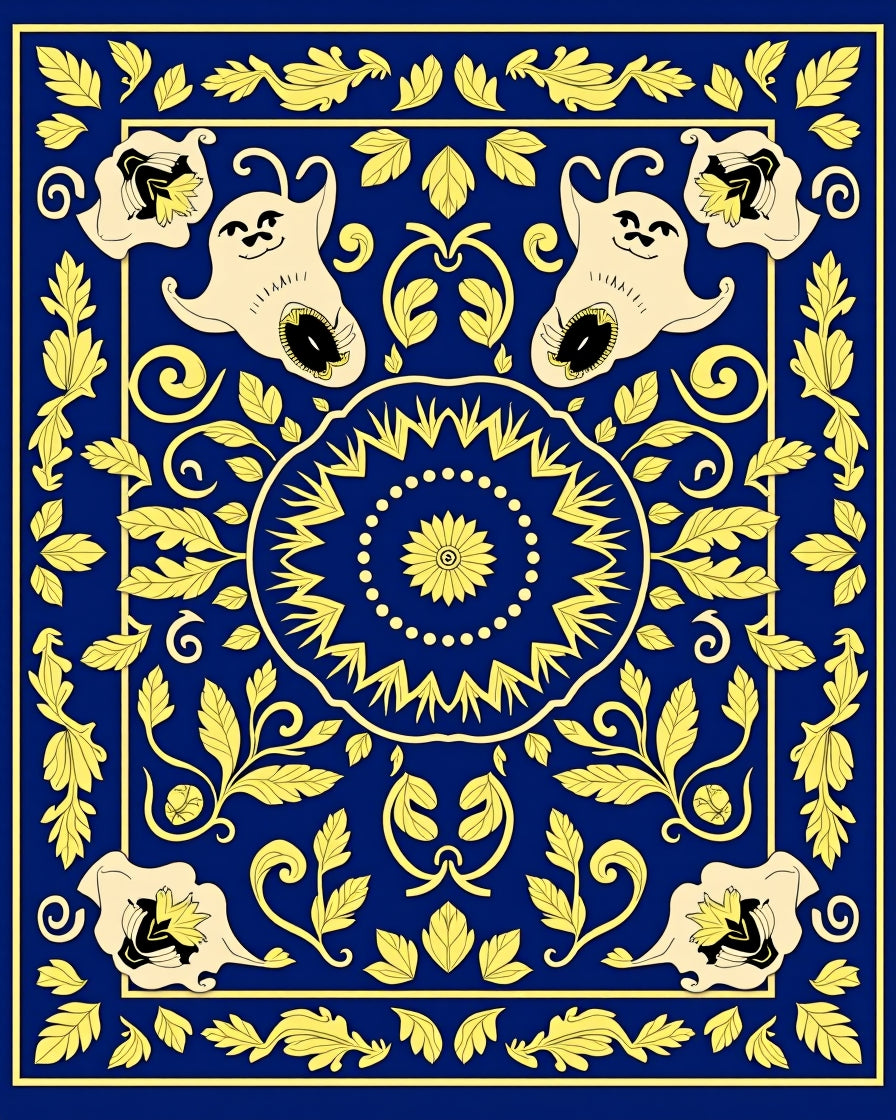 Whimsical Celestial Creatures Blue Yellow Rug