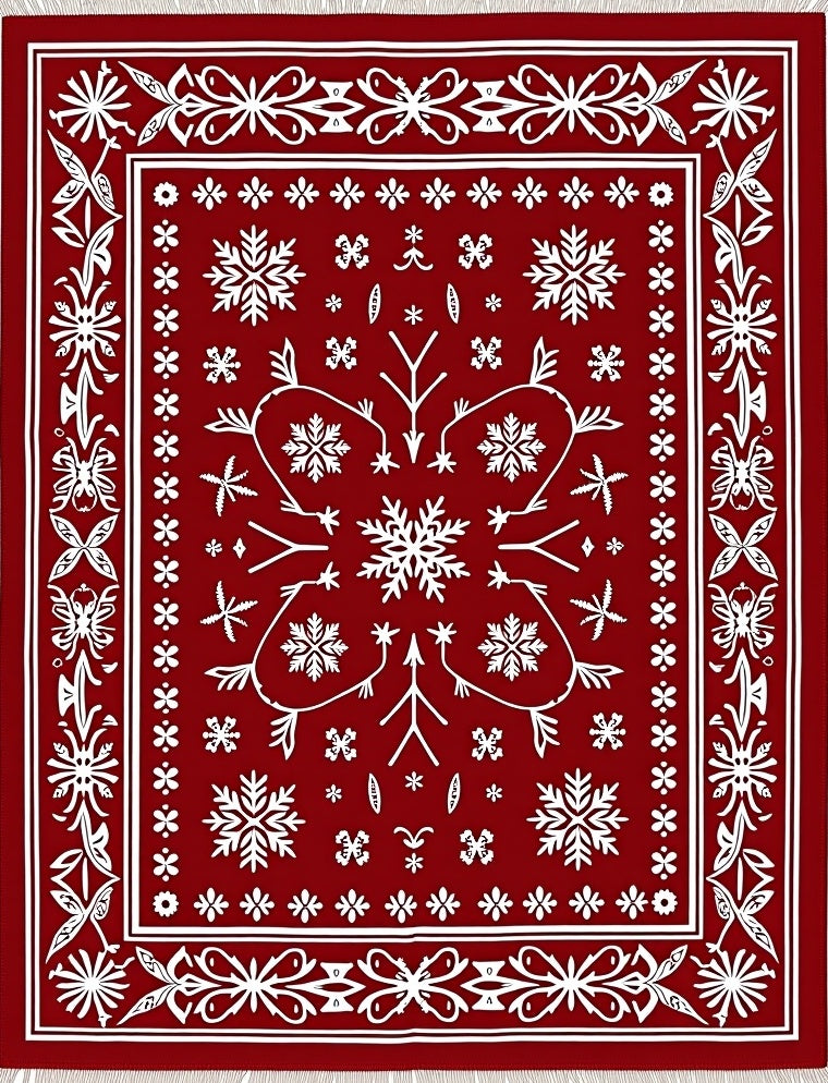 Crimson White Snowflake Folk Art Rug