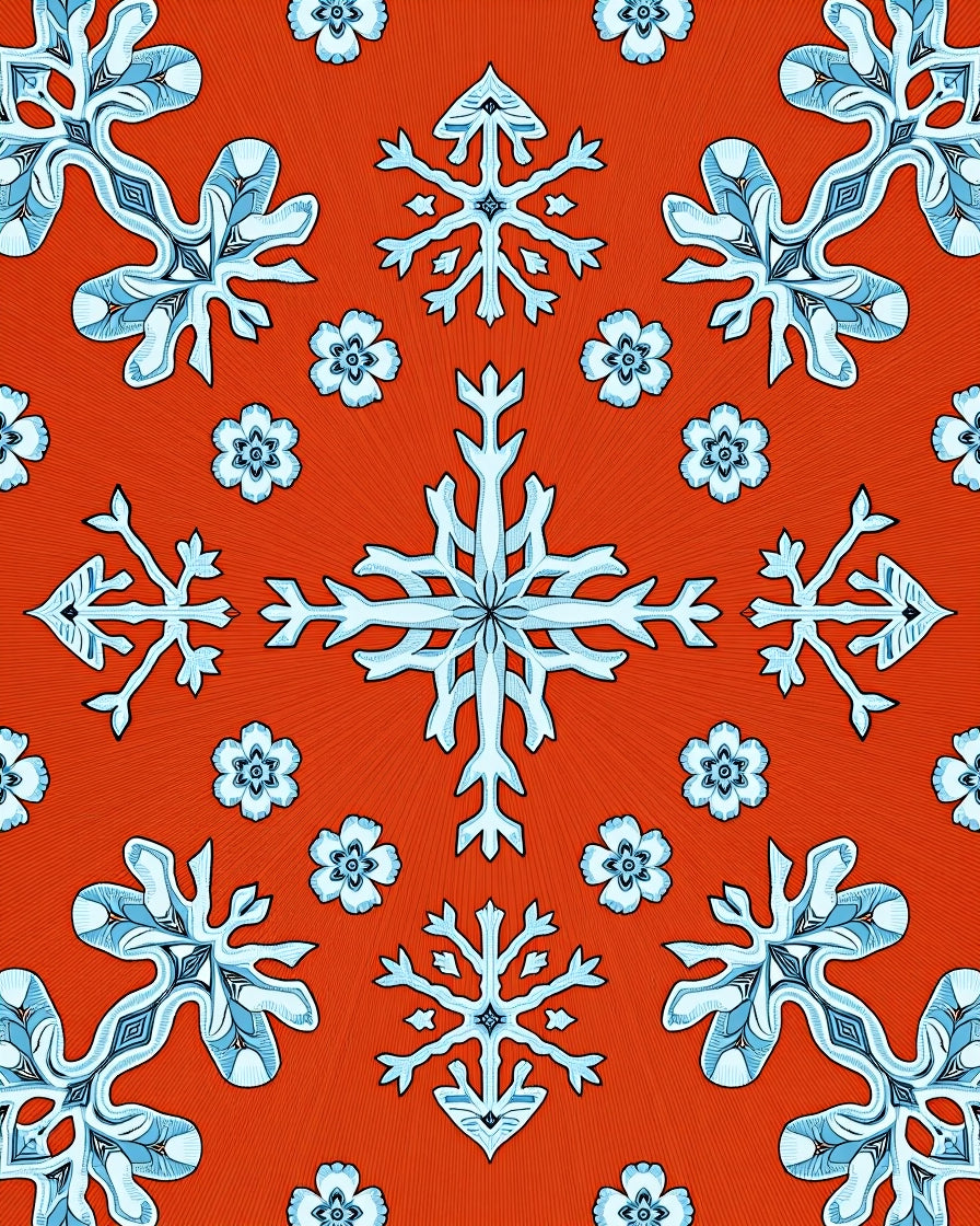 Crimson Snowflakes with Blue Floral Accents Rug