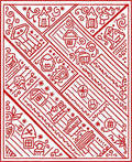 Red Folk Art Village Scene Rug