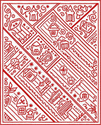 Red Folk Art Village Scene Rug