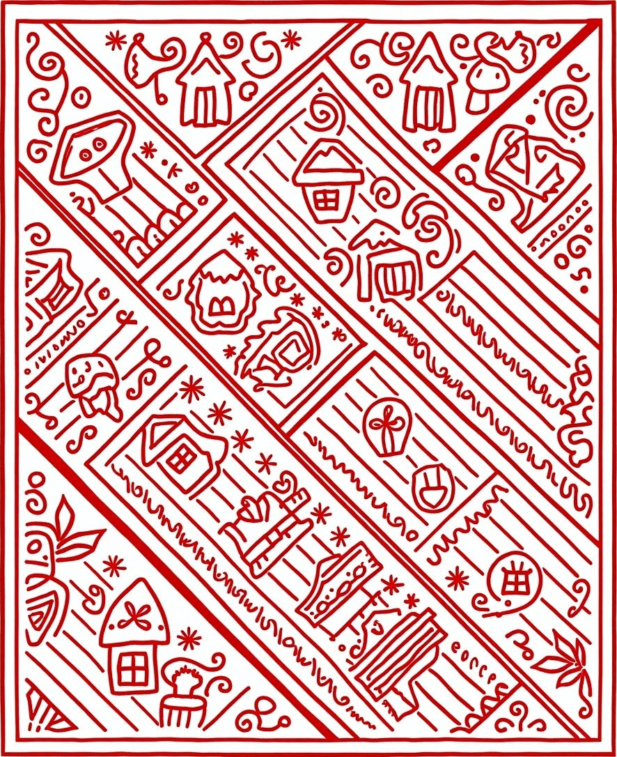 Red Folk Art Village Scene Rug
