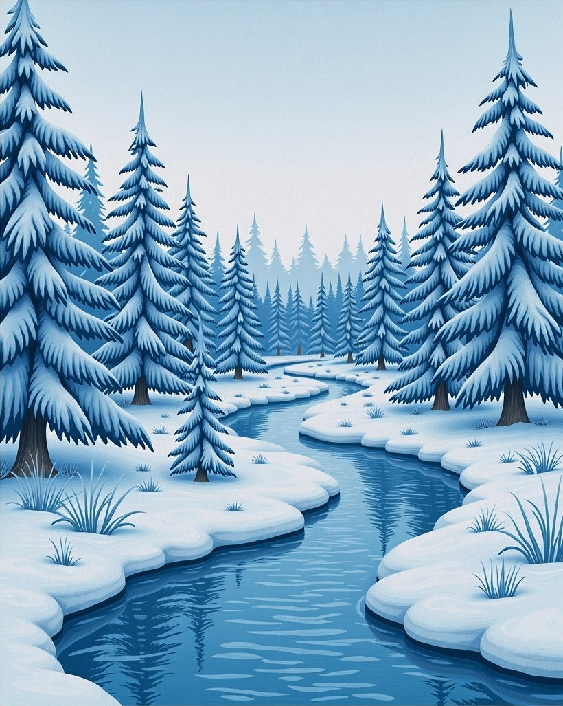 Winter Forest Stream Serene Blue Landscape Rug