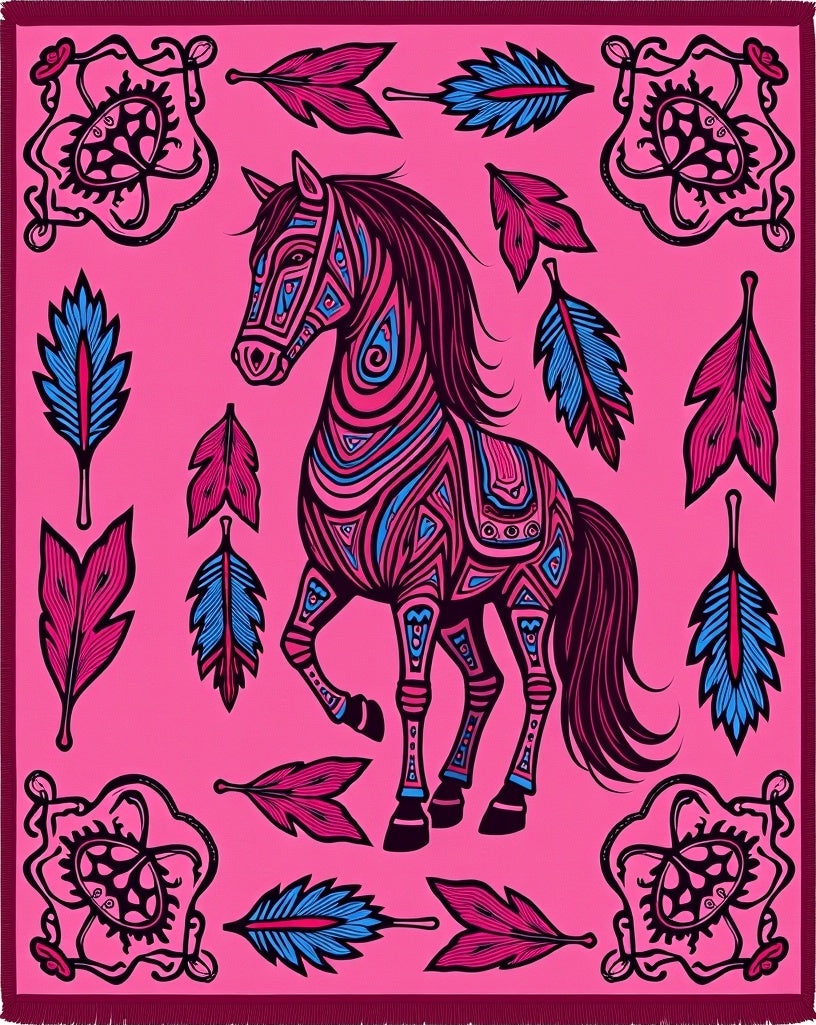 Whimsical Pink Horse Feather Medallion Rug