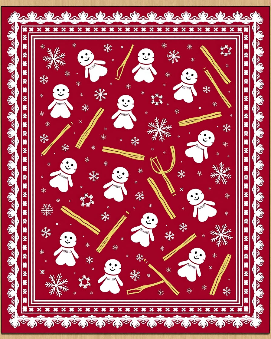 Red Snowman and Snowflakes Folk Art Rug