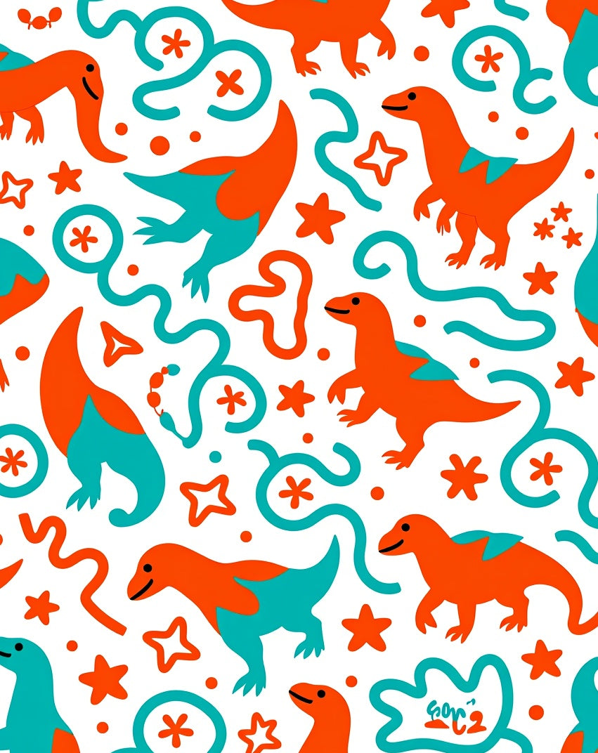 Playful Orange Teal Dinosaur Adventure Rug