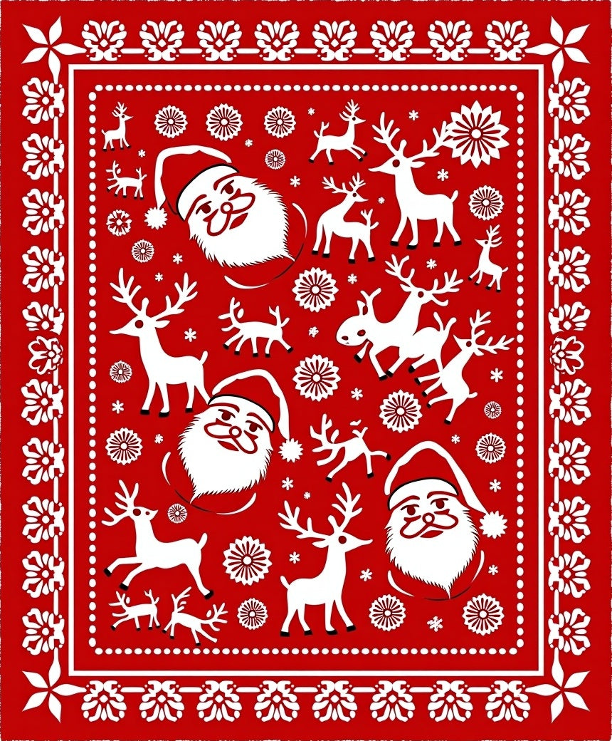 Red Santa Reindeer Snowflake Holiday Rug