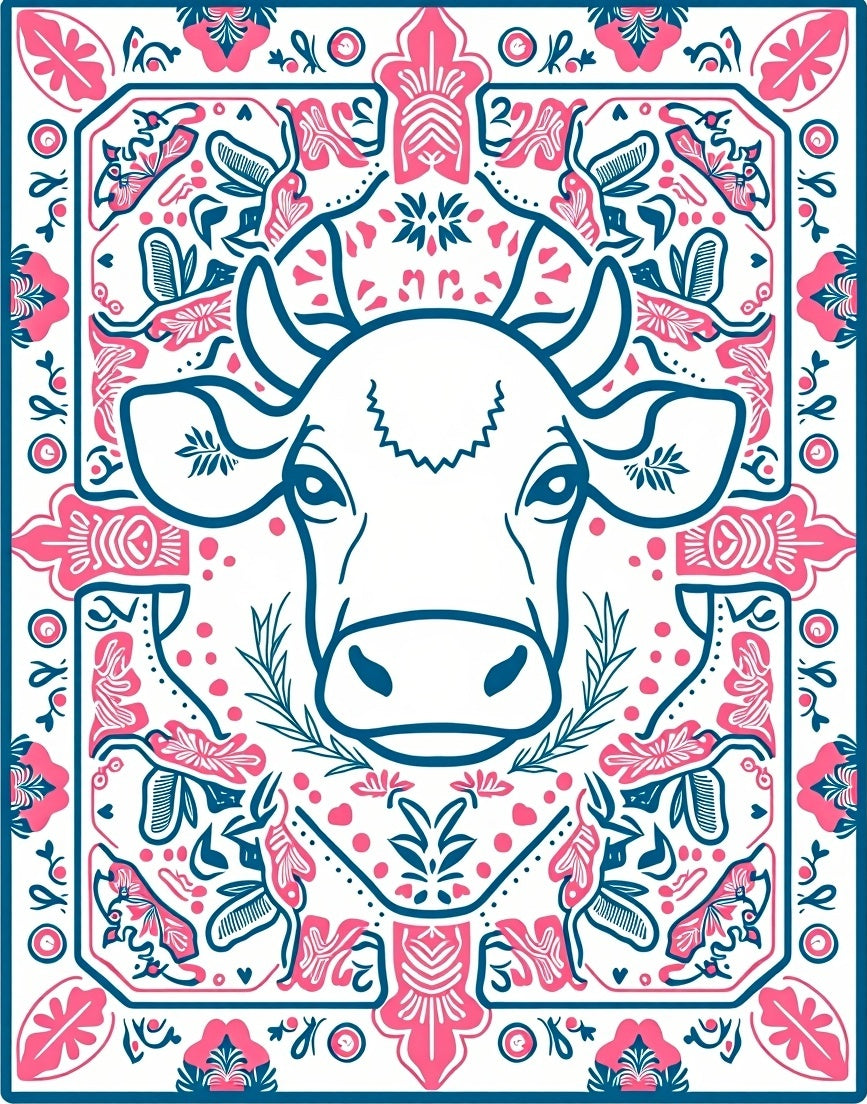 Pink Teal Cow Floral Medallion Rug