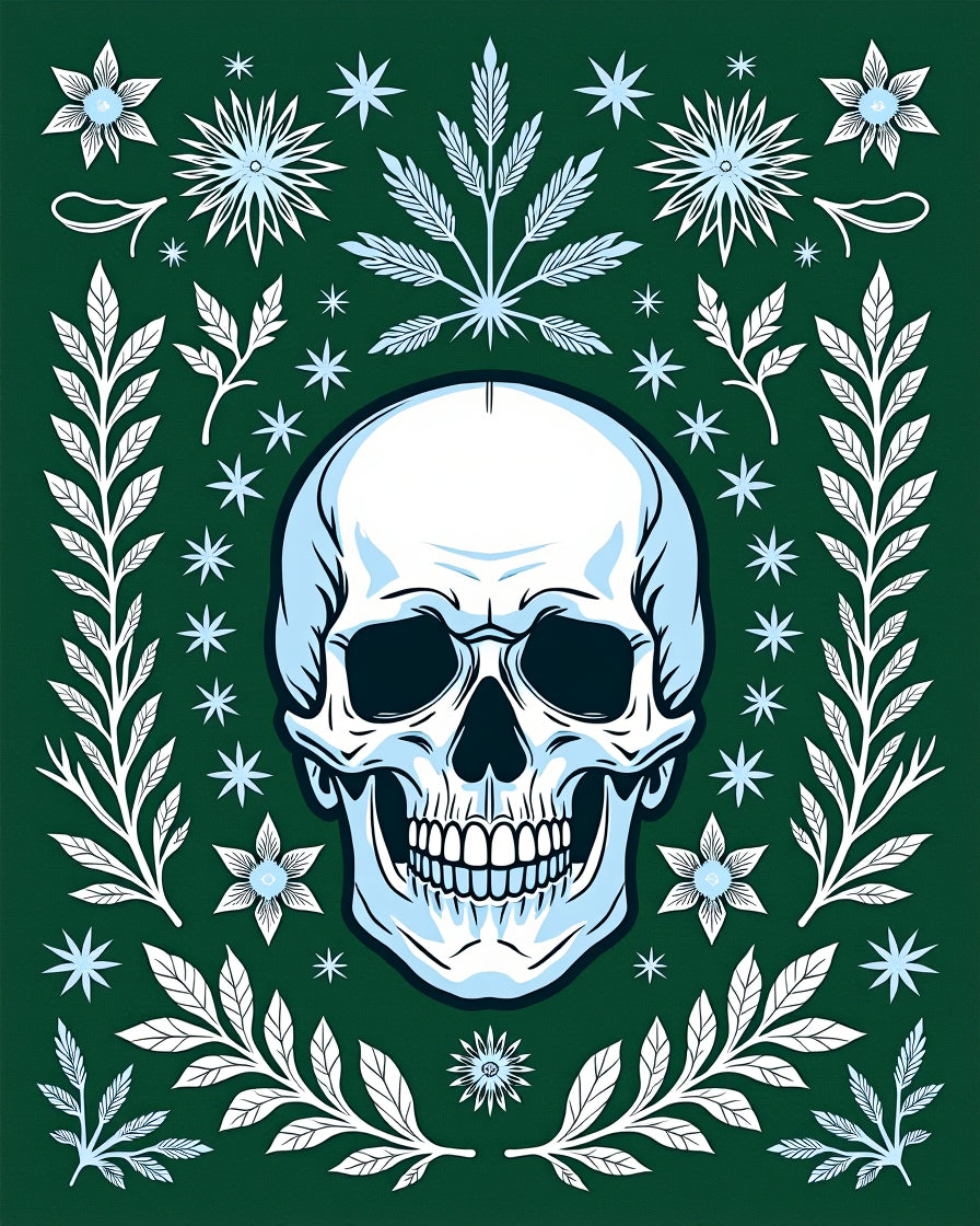 Dark Green Skull Floral Border Rug