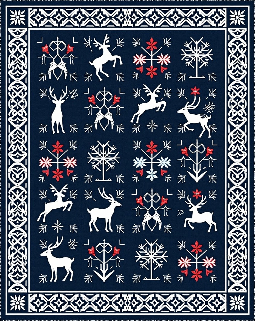 Deep Blue Nordic Reindeer Folk Art Rug