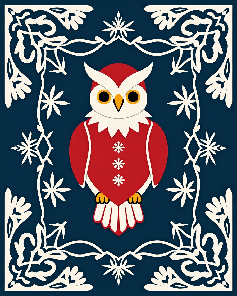 Red Owl With White Snowflakes Border Rug