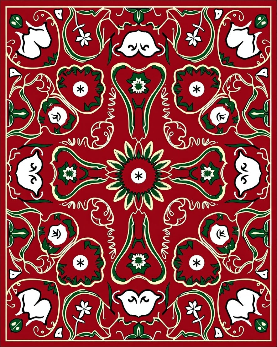 Crimson Green Floral Swirl Medallion Rug